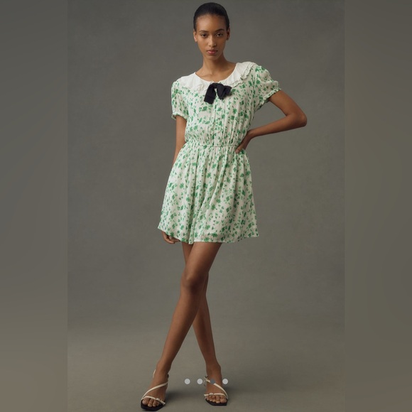 NEW Anthropologie/Maeve Short-Sleeve Collared Mini Dress, Medium, Green/White - Picture 3 of 5